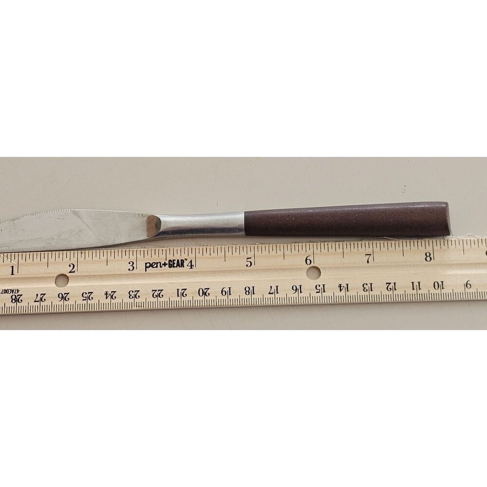 4 Woodwind Dinner Knife 8" wood-like handle vtg midcentury boho minimalist mixed - Picture 7 of 9